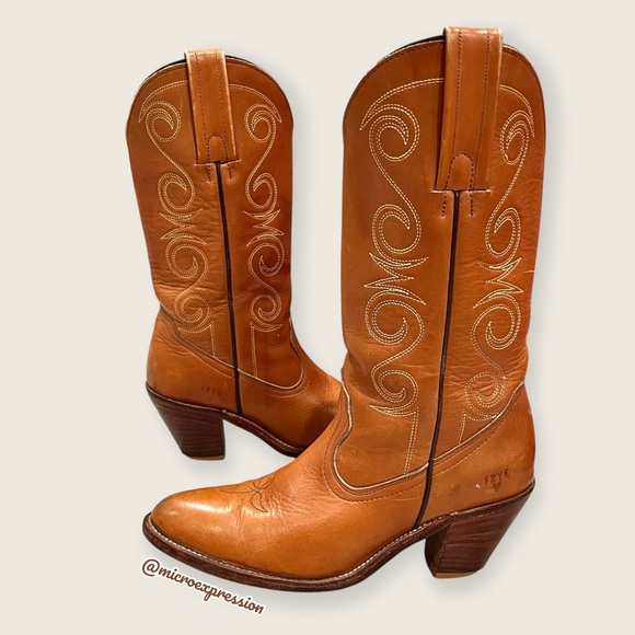 Frye Shoes - 1980 RARE VINTAGE Frye Leather Pull On Brown Tan Embroidered Cowboy Western Boot